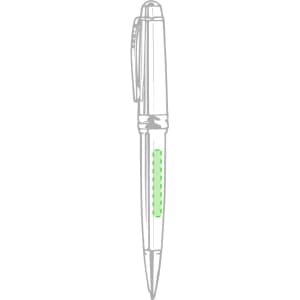 A metal pen in silver with a green transparent section for ink visibility. It features a clip for easy attachment.