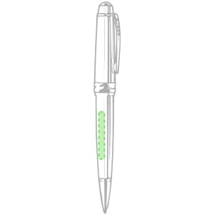 A metal pen with a shiny silver finish and a green accent strip, featuring a clip and a smooth barrel design.