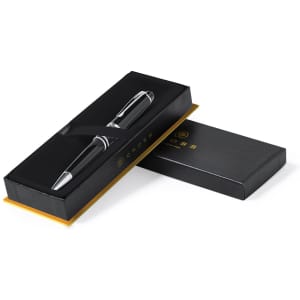 A black metal pen with silver accents, displayed in a sleek black box with an orange interior.