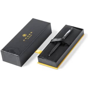 A metal pen in a sleek black box with a yellow interior. The pen has a silver finish and features a logo.