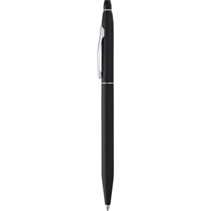 A black metal pen with a shiny silver clip and detailing, featuring a logo.