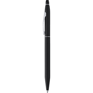A black metal click pen with a silver clip, featuring a smooth design and polished finish.