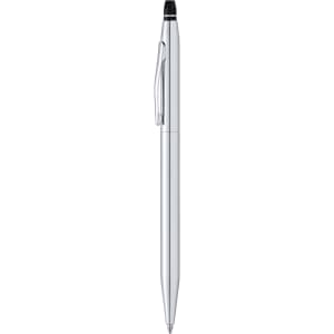 A metal pen in silver with a black tip and clip, featuring a logo.