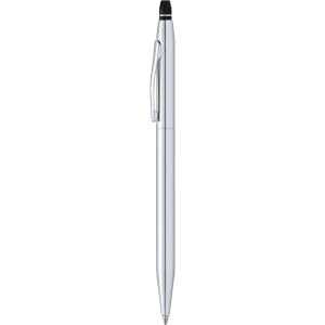 A metal pen in silver with a sleek design and a clip on the side. It features a branding logo.