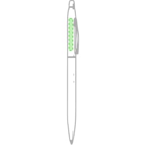 A metal pen with a green highlight and a clip, featuring a sleek, classic design. It includes a logo.