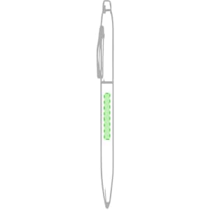 A sleek white metal pen with a green accent and a logo displayed on the barrel.