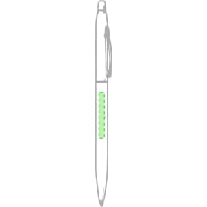 A metal click pen in white with a green transparent grip section and a clip for easy attachment.