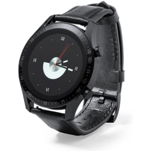 A black smart watch with a round face, featuring a minimalist dial and a leather strap. It has a logo on the side.