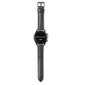 A black smart watch with a leather strap, featuring a round face and a logo.