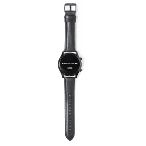 A black smart watch with a round face and a leather strap, featuring a branding logo on the dial.