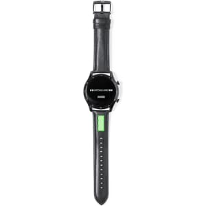 A black smart watch with a round face and leather strap. It features a logo on the watch face.