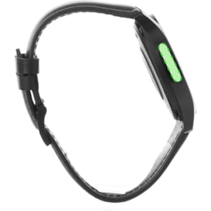 A black smart watch with a sleek design and a green accent, featuring a leather strap.