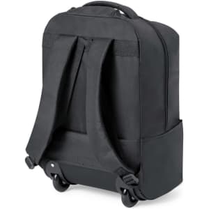 A black trolley backpack featuring adjustable straps and a smooth wheeled bottom, with a logo present.