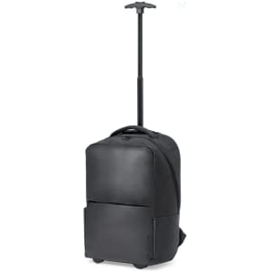 A black trolley backpack with a retractable handle and wheels, featuring a front pocket and a sleek design.