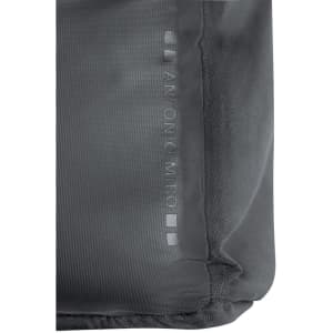 A grey backpack featuring a textured design and a logo on the side.