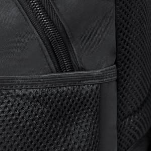 A black trolley backpack featuring a textured mesh pocket and a zipper detail. The material appears durable and sturdy.