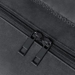 A close-up of a black zipper on a backpack, featuring double zipper pulls. The fabric appears durable and textured.