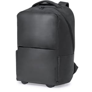 A black trolley backpack with a smooth exterior, featuring a top handle and wheels for easy transport. Includes a logo.