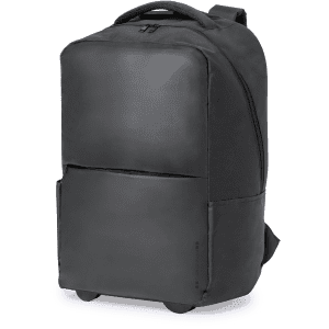 A wheeled black bag with a sleek design, featuring a zippered compartment and a side pocket. It has a logo.