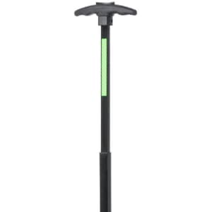 A black trekking pole with a green reflective strip and a T-shaped handle. It has an adjustable length.