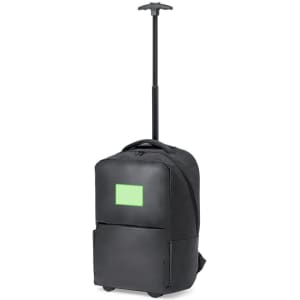 A black trolley backpack with a retractable handle and wheels, featuring a front pocket and a logo.