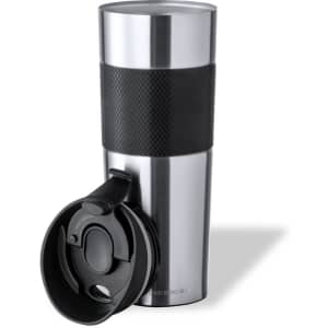 A stainless steel insulated travel mug with a black grip and a removable lid.