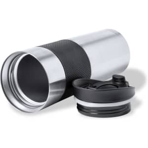 A stainless steel insulated cup with a textured grip and a detachable lid. It features a logo on the lid.