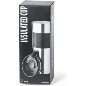 An insulated travel mug in a sleek design with a silver exterior and black grip, packaged in a box.
