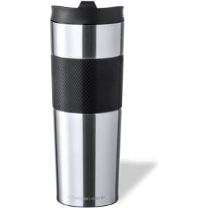 A stainless steel travel mug with a black rubber grip and a black lid. It features a branding logo.