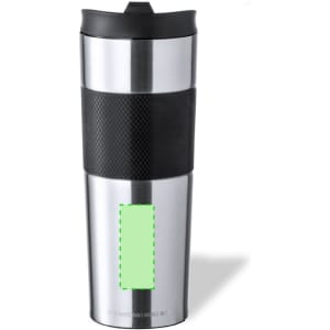 A travel mug with a stainless steel body, black silicone grip, and a lid, featuring a logo.