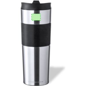 A stainless steel travel mug with a black silicone grip and a flip-top lid. It features a logo on the front.