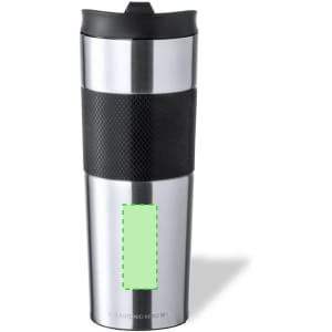 A travel mug with a stainless steel body, black textured band, and a lid. It features a logo on one side.