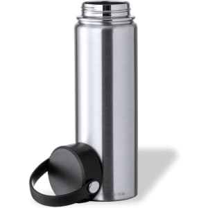 A drink bottle in silver stainless steel with a black cap, featuring a simple, sleek design. Includes logo branding.