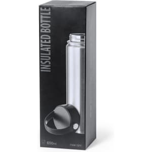 A drink bottle in a black box, featuring a sleek silver insulated design and a black lid.