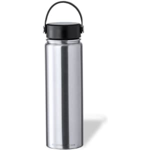A drink bottle with a sleek stainless steel design and a black, hinged lid. It features a carry handle.
