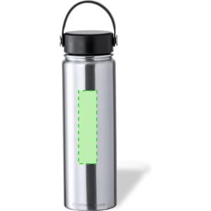 A drink bottle made of stainless steel with a black lid and a green accent area, featuring a logo.