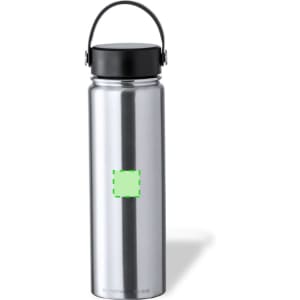 A drink bottle with a sleek stainless steel finish, featuring a black lid and handle, and a logo on its surface.