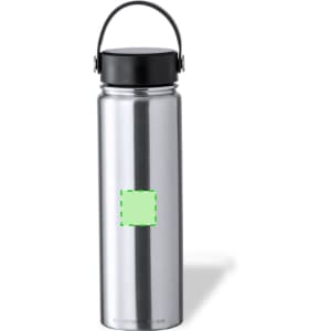 A drink bottle made of stainless steel with a shiny finish and a black cap, featuring a logo.
