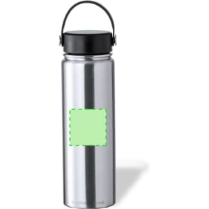 A drink bottle in silver stainless steel with a black cap and a handle, featuring a blank area for custom branding.
