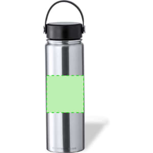 A drink bottle with a stainless steel finish, featuring a black lid and handle, and a blank green area for customisation.