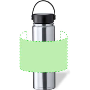 A drink bottle with a sleek stainless steel design and a black lid, featuring a handle and a branding logo.
