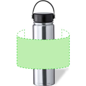 A drink bottle with a sleek silver design and a black lid, featuring a carry handle. It has a logo on the body.
