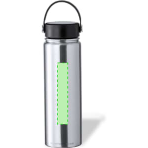 A drink bottle with a silver stainless steel body, black lid, and a green highlighted section. It features a handle and branding.