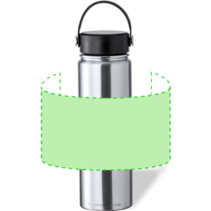 A drink bottle in shiny stainless steel with a black lid and handle, featuring a blank green label.