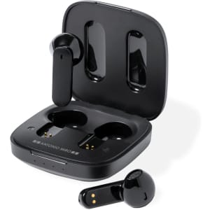 A pair of black earphones in a charging case, with the earbuds positioned next to it. The case has a sleek design and a logo.