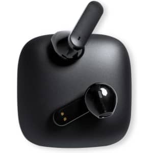 A pair of black Trustal Earphones with a sleek design, displayed against a white background, featuring a logo.