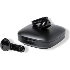 Black Trustal Earphones displayed beside their charging case, featuring a sleek and modern design.