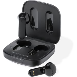 Black wireless earphones with a charging case, featuring a sleek design and a brand logo on the case.
