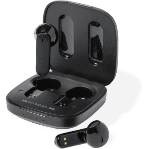 A pair of black earphones with a charging case. The case is open, displaying the earbuds inside.