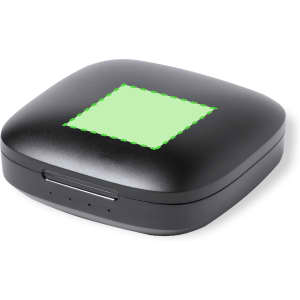 A compact black earphone case with a square green area on top, featuring a logo and charging indicators on the front.